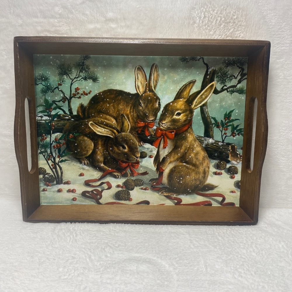 VTG Rabbits In The Snow Wooden Serving Tray Decorative‎ Farmhouse Christmas